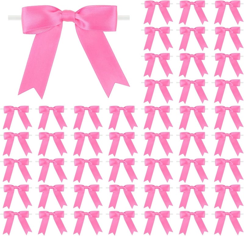 Meseey 50 Pcs 3 Inches Twist Tie Satin Ribbon Bows Hot Pink Pretied Premade Craft Bows for Treat Bags Gift Wrapping Basket Wedding Baby Shower Brithday Christmas Party (3", Hot Pink) - Image 1